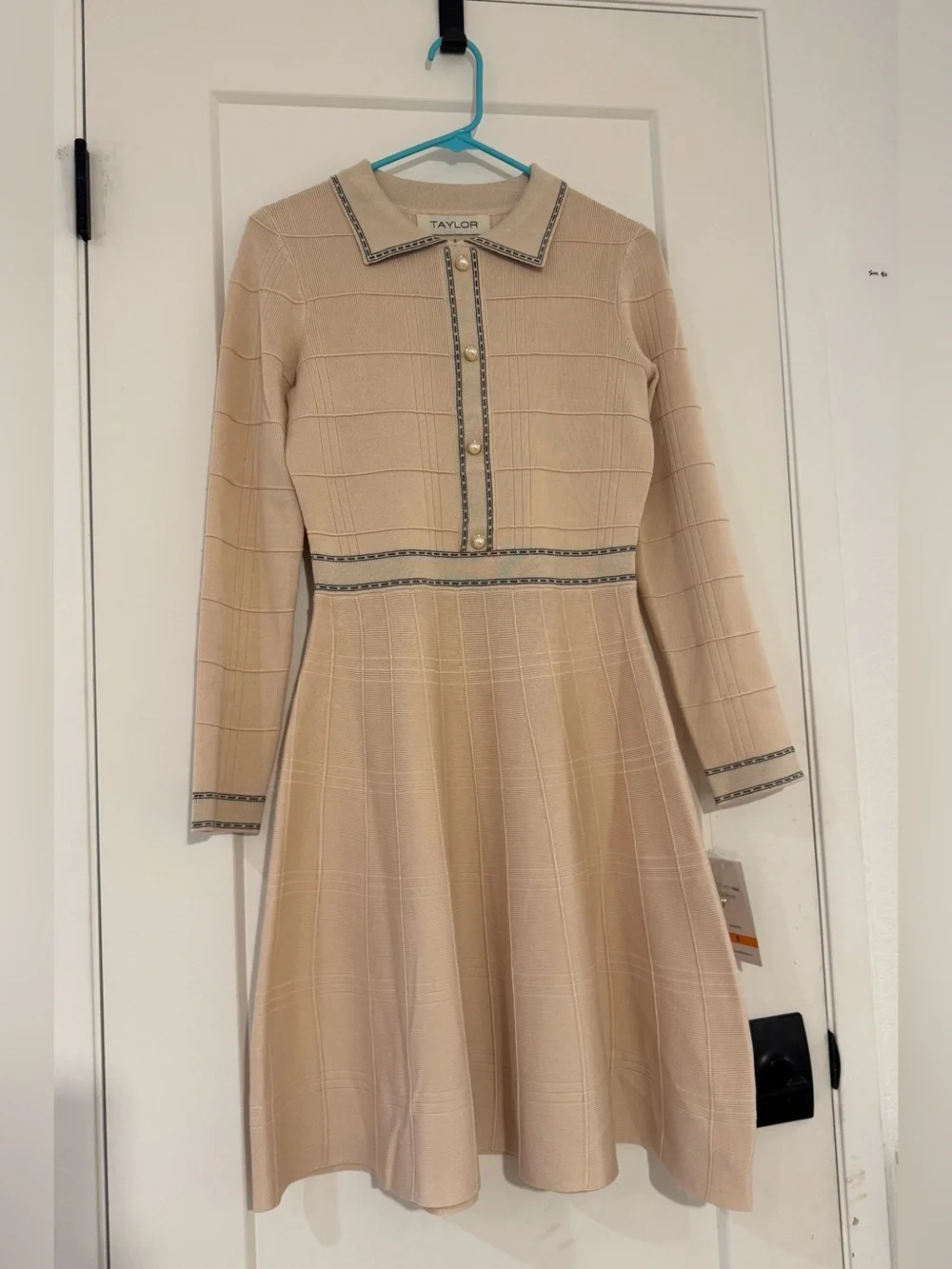 Taylor Beige Knit Collared Fit & Flare Dress Size S